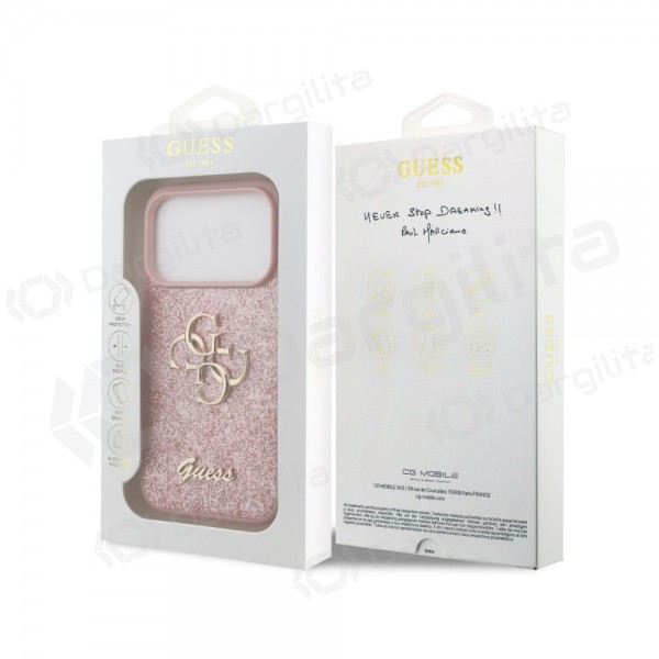 Apple iPhone 18 Pro dėklas "Guess PU Fixed Glitter 4G Metal Logo" (rožinis)