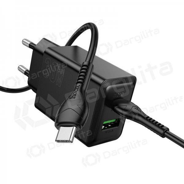 Telefono įkroviklis Hoco N71 30 W GaN USB-C + USB-A su USB-C laidu 1 m juodas
