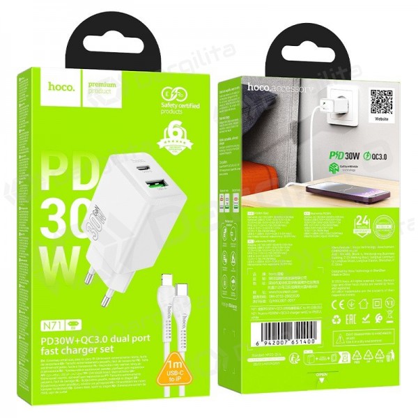 Telefono įkroviklis Hoco N71 30 W GaN USB-C + USB-A su Lightning laidu 1 m baltas