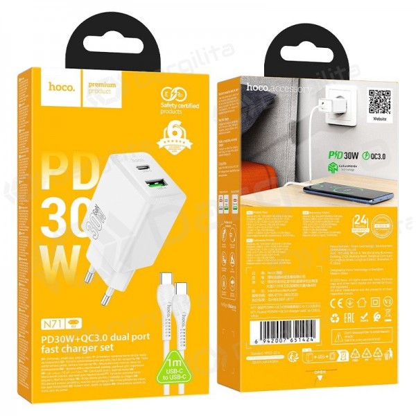 Telefono įkroviklis Hoco N71 30 W GaN USB-C + USB-A su USB-C laidu 1 m baltas