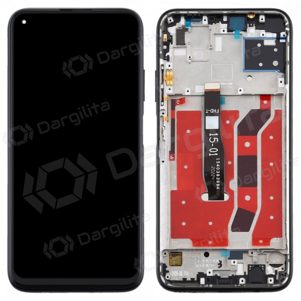 Huawei P40 Lite ekranas (juodas) (su rėmeliu) (naudotas grade A, originalus)