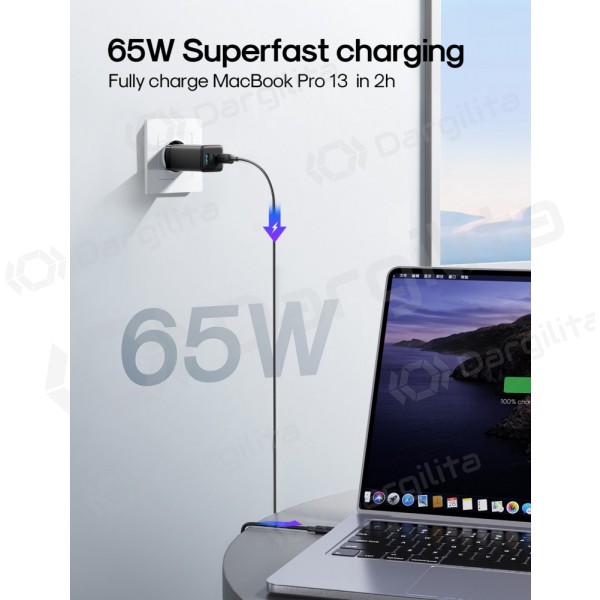 Telefono įkroviklis Joyroom JR-TG10 65 W USB-C + USB-A GaN PPS baltas