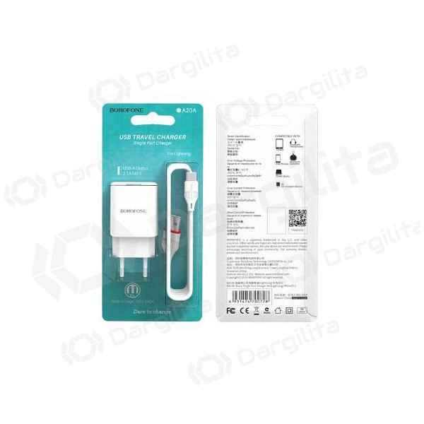 Įkroviklis BOROFONE BA20A Sharp USB + lightning kabelis (5V 2.1A) (baltas)