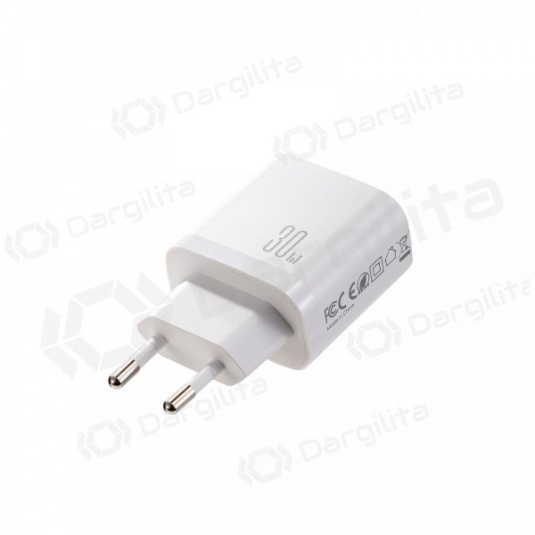 Telefono įkroviklis Joyroom JR-TG6 30 W USB-C + USB-A PD PPS GaN baltas