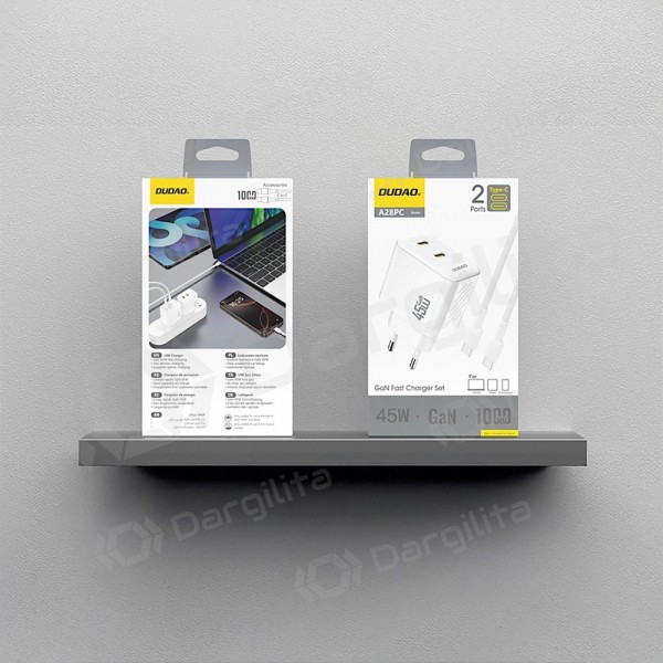 Telefono įkroviklis Dudao A28PC 45 W GaN 2x USB-C su USB-C laidu 1 m baltas