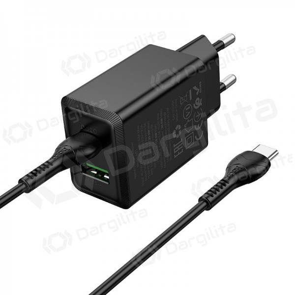 Telefono įkroviklis Hoco N71 30 W GaN USB-C + USB-A su USB-C laidu 1 m juodas