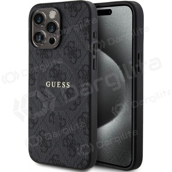 Apple iPhone 15 Pro Max dėklas "Guess PU Leather 4G Colored Ring MagSafe" (juodas)