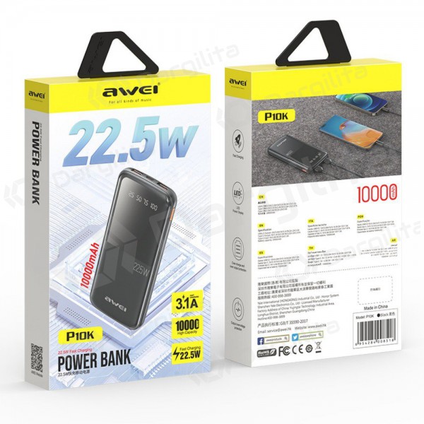 Išorinė baterija Power Bank Awei P10K 22.5W 10000mAh juoda