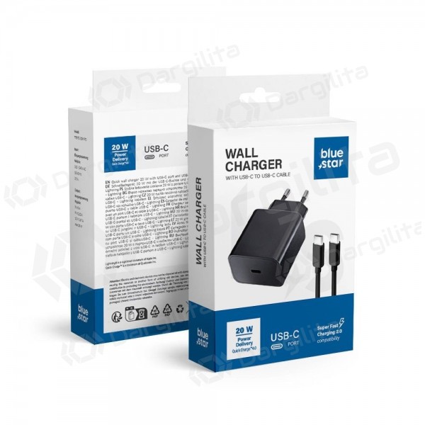 Telefono įkroviklis Blue Star 20 W USB-C su USB-C laidu juodas