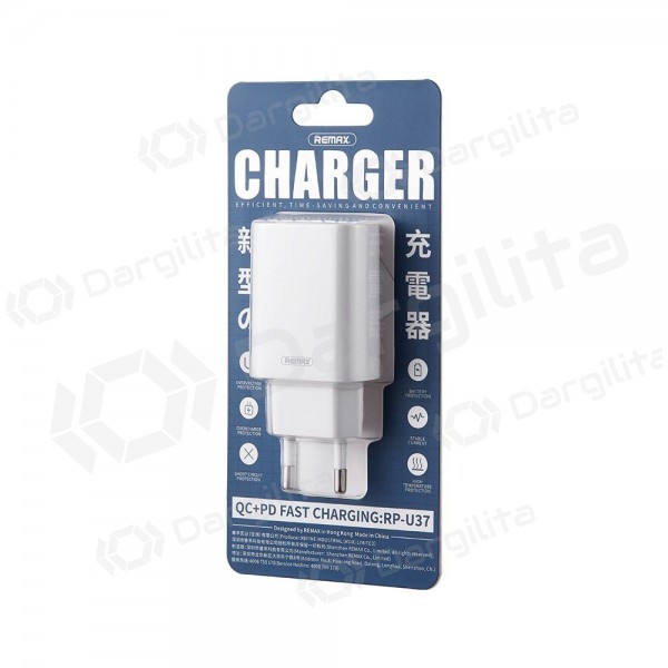 Telefono įkroviklis Remax RP-U37 20 W USB-C + USB-A baltas