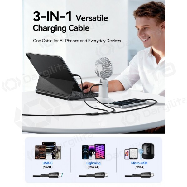 USB-C laidas Joyroom S-A61 USB-C į USB-C + Lightning + Micro USB 1.2 m įkrovimui juodas