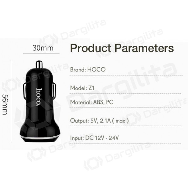 Automobilinis įkroviklis HOCO Z1 Dual USB (5V 2.1A) (baltas)
