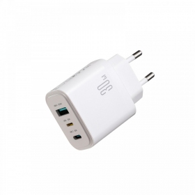 Telefono įkroviklis Joyroom JR-TG6 30 W USB-C + USB-A PD PPS GaN baltas