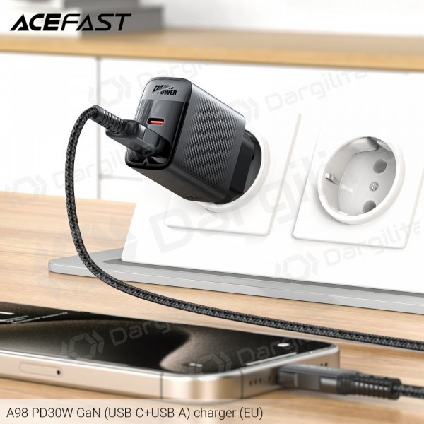 Telefono įkroviklis Acefast A98 30 W USB-C + USB-A PD QC GaN juodas