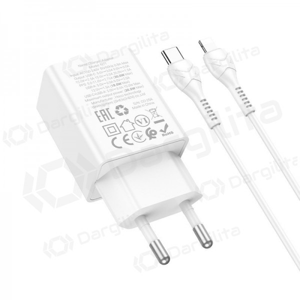 Telefono įkroviklis Hoco N71 30 W GaN USB-C + USB-A su Lightning laidu 1 m baltas