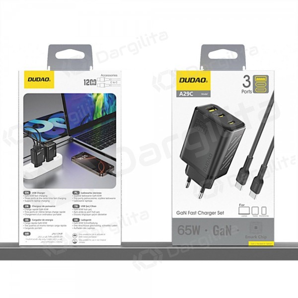 Telefono įkroviklis Dudao A28PC 45 W GaN 2x USB-C su USB-C laidu 1 m juodas
