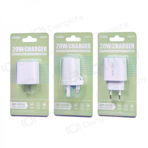 Telefono įkroviklis Remax RP-U120 20 W USB-C + USB-A baltas