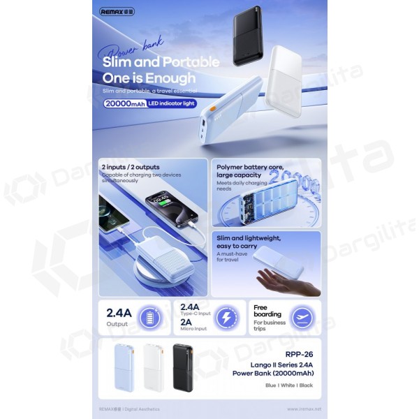 Išorinė baterija (Power Bank) Remax RPP-26 20000 mAh 12 W, juoda