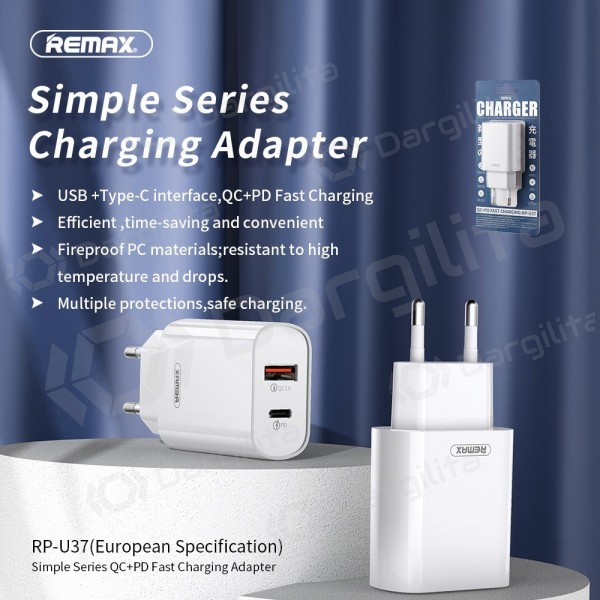 Telefono įkroviklis Remax RP-U37 20 W USB-C + USB-A baltas