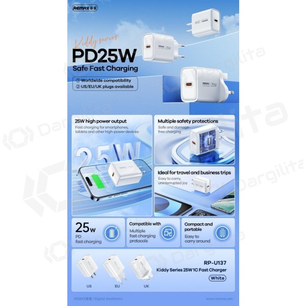 Telefono įkroviklis Remax RP-U137 25 W USB-C baltas