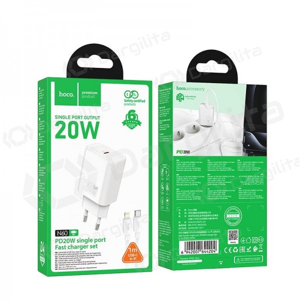 Telefono įkroviklis Hoco N60 20 W USB-C GaN Lightning baltas