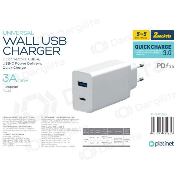 Platinet QuickCharge Type-C+USB 3.0A (18W) įkroviklis
