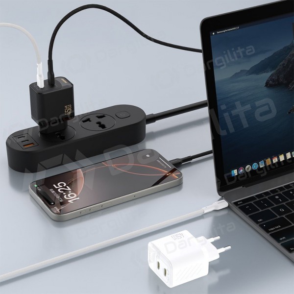 Telefono įkroviklis Dudao A28PC 45 W GaN 2x USB-C su USB-C laidu 1 m juodas