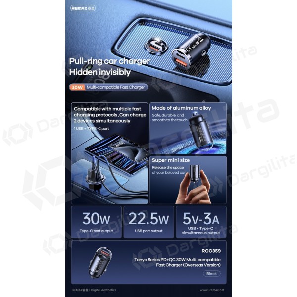Automobilinis telefono įkroviklis Remax RCC359 30 W USB-C + USB-A juodas