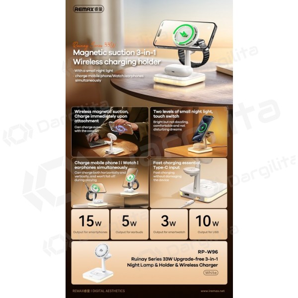 Belaidis įkroviklis Remax RP-W96 3 in 1 33 W USB-C Qi baltas