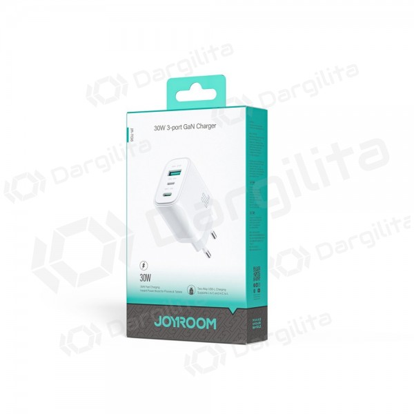 Telefono įkroviklis Joyroom JR-TG6 30 W USB-C + USB-A PD PPS GaN baltas
