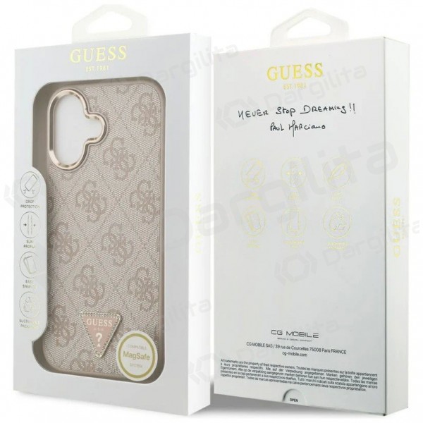 Apple iPhone 17 dėklas "Guess PU Leather 4G Strass Triangle Logo Gold Frame MagSafe" (rožinis)
