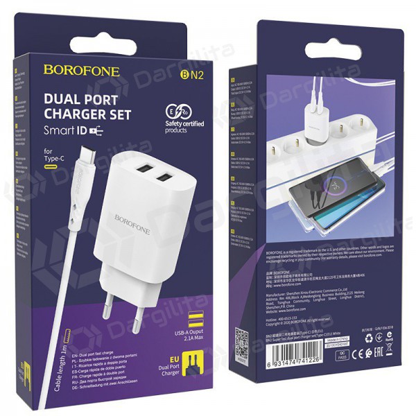 Įkroviklis Borofone BN2 2xUSB 2.1A + USB Type-C (baltas)