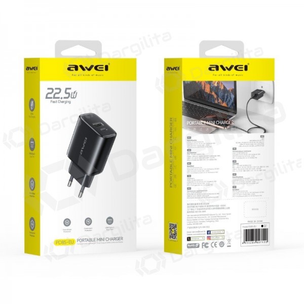 Telefono įkroviklis Awei PD85T-EU 22.5 W USB-C + USB-A su USB-C laidu 1 m juodas