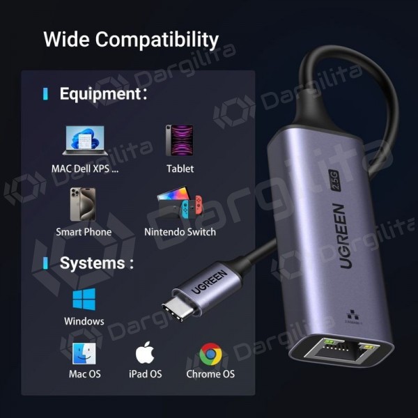 USB-C adapteris Ugreen CM648 USB-C į RJ45 pilkas