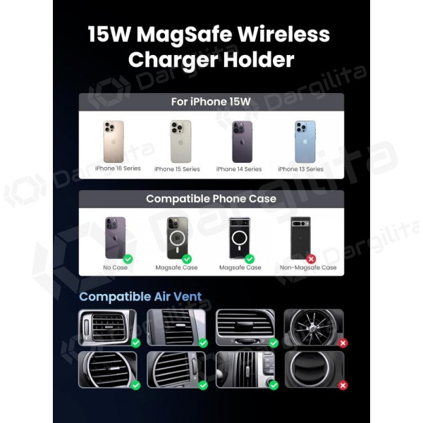 Automobilinis telefono laikiklis su belaidžiu įkrovimu Ugreen W708 MagSafe 15 W į ventiliacijos groteles