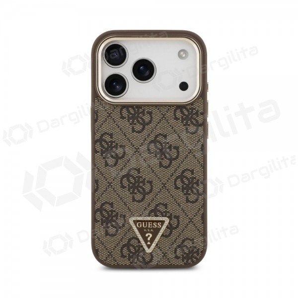 Apple iPhone 18 Pro dėklas "Guess PU Leather 4G Strass Triangle Logo Gold Frame MagSafe" (rudas)