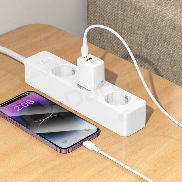 Telefono įkroviklis Borofone BN29 30 W USB-C + USB-A PD QC Lightning baltas