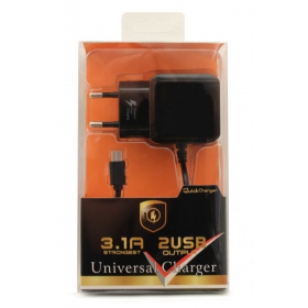 Įkroviklis F13c FastCharging x 2 USB (3.1A) + microUSB (juodas)
