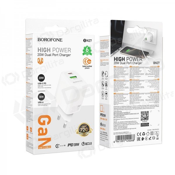 Telefono įkroviklis Borofone BN27 20 W USB-C + USB-A PD QC baltas