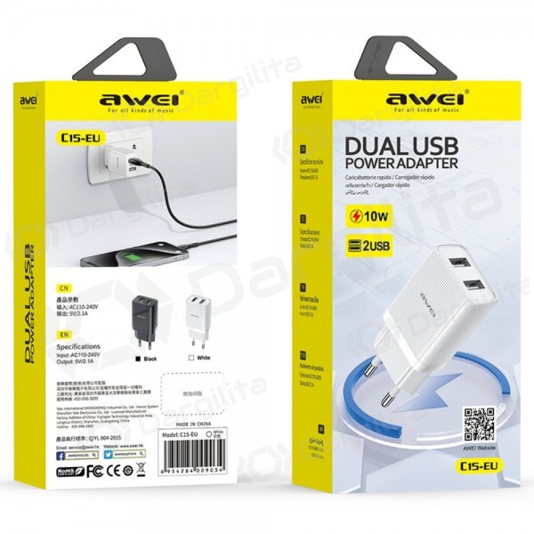 Telefono įkroviklis Awei C15-EU 10 W 2xUSB-A baltas