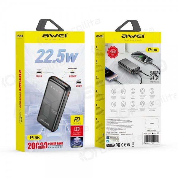 Išorinė baterija (Power Bank) Awei P13K 20000 mAh PD 20 W / QC 22.5 W, juoda