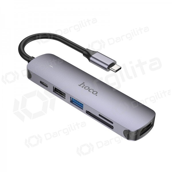 USB-C adapteris Hoco HB28 USB-C į HDMI + USB 3.0 + USB 2.0 + SD + TF + PD pilkas