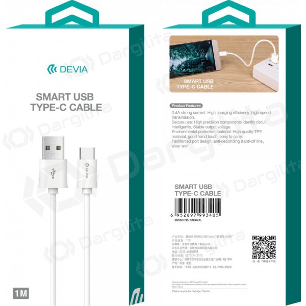 USB kabelis Devia Smart Type-C 1.0m (baltas)