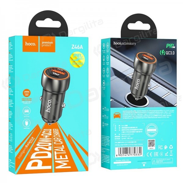 Automobilinis įkroviklis Hoco Z46A 20 W USB-C + USB-A PD QC3.0 juodas