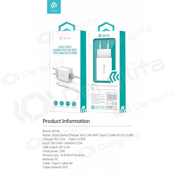 Įkroviklis Devia Smart x 2 USB (2.4A) + Type-C (baltas)