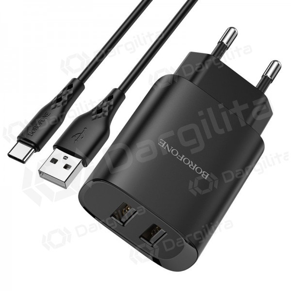 Įkroviklis Borofone BN2 2xUSB 2.1A + USB Type-C (juodas)