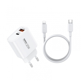 Telefono įkroviklis Remax RP-U120 20 W USB-C + USB-A su Lightning laidu 1 m baltas