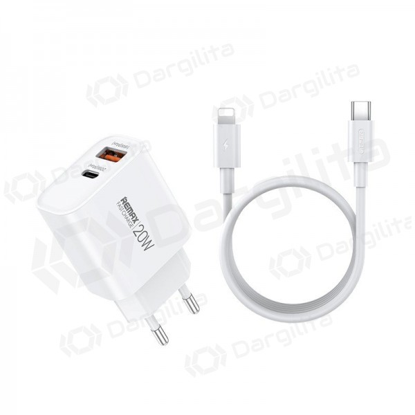 Telefono įkroviklis Remax RP-U120 20 W USB-C + USB-A su Lightning laidu 1 m baltas