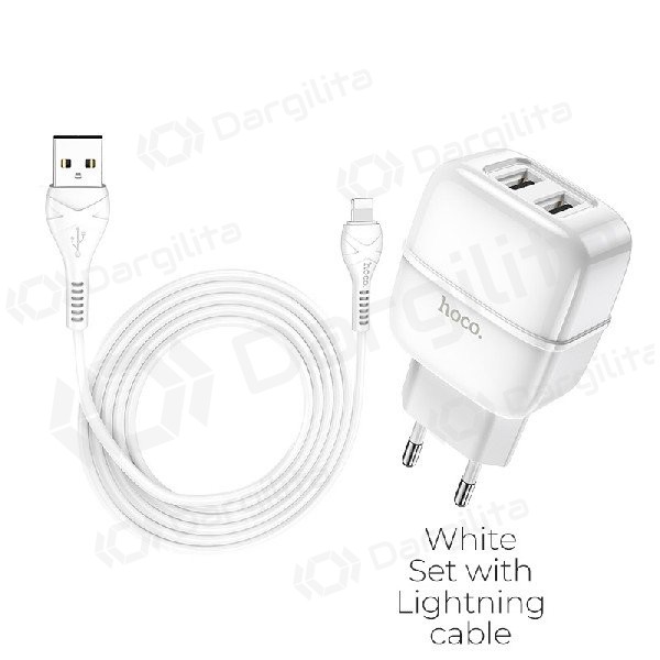 Įkroviklis HOCO C77A Highway Dual USB + lightning kabelis (5V 2.4A) (baltas)