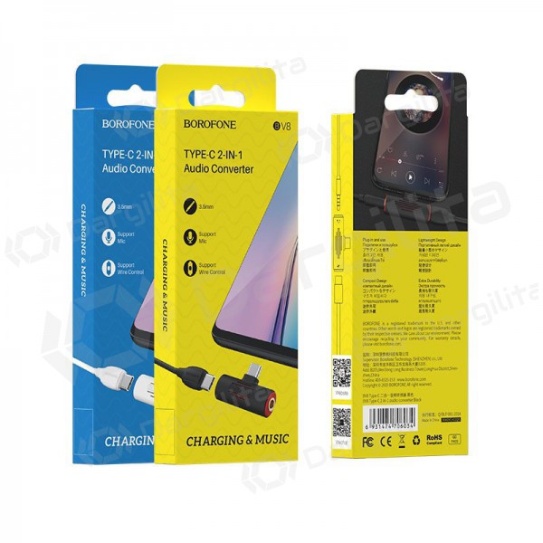 Adapteris Borofone BV8 iš Type-C į Type-C + 3,5mm (baltas)